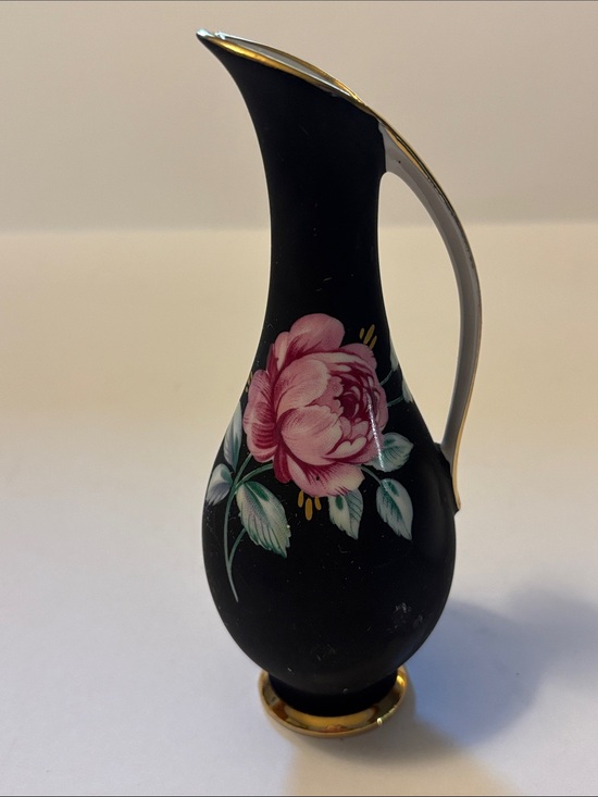 Bavaria Other - Black Ceramic Pitcher Vase with Pink Floral Motif and Gold Trim